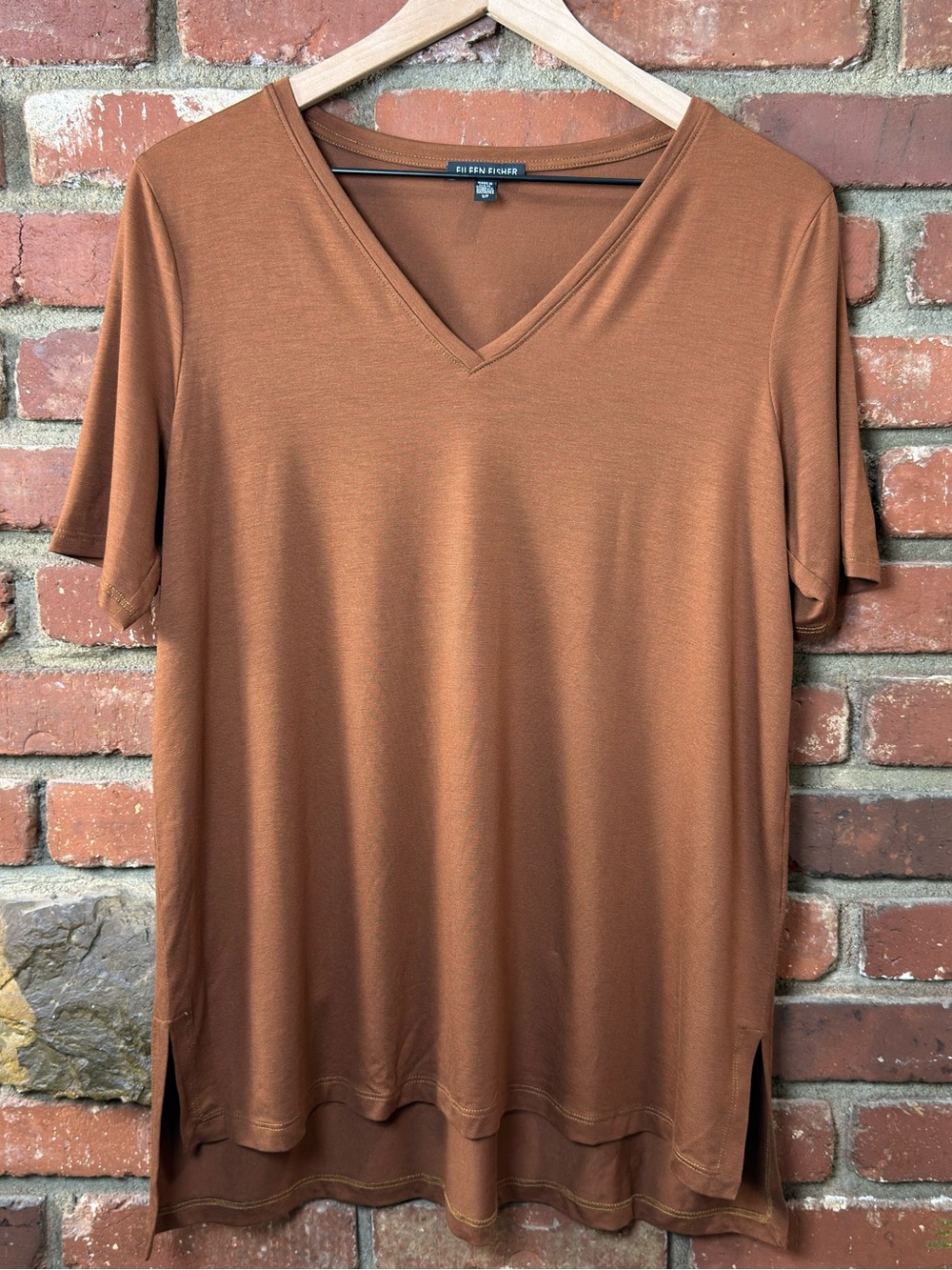 EILEEN FISHER Top Small Stretch Tencel Jersey V-Neck Short Sleeve Brown USA